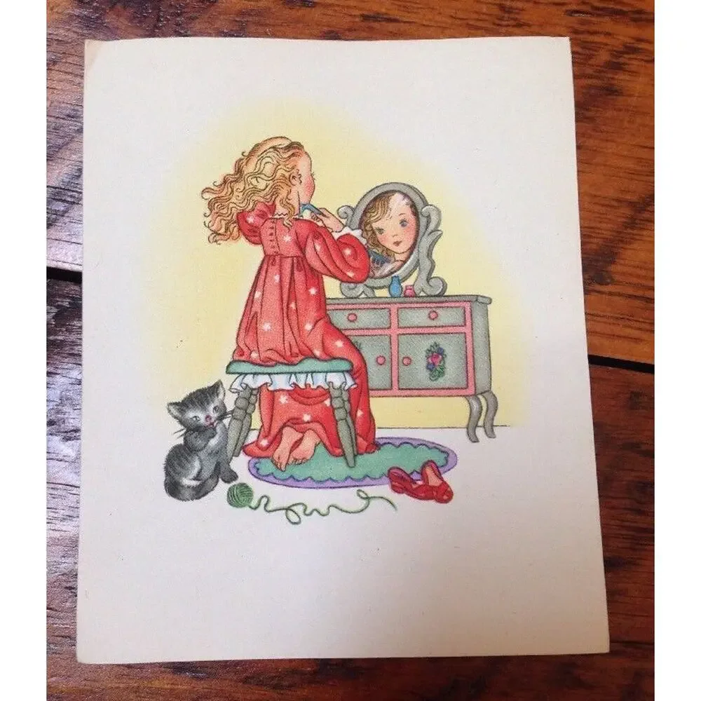 Vintage 40s Brownie Little Girl Dress Gown Kitty Kitten Cats Blank Greeting Card